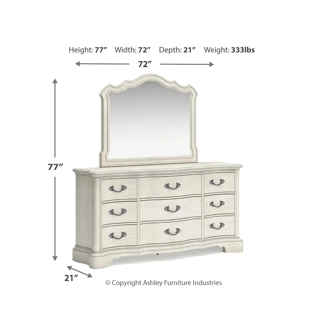 Elegant Antique White Arlendyne Bedroom Dresser with Stunning Mirror