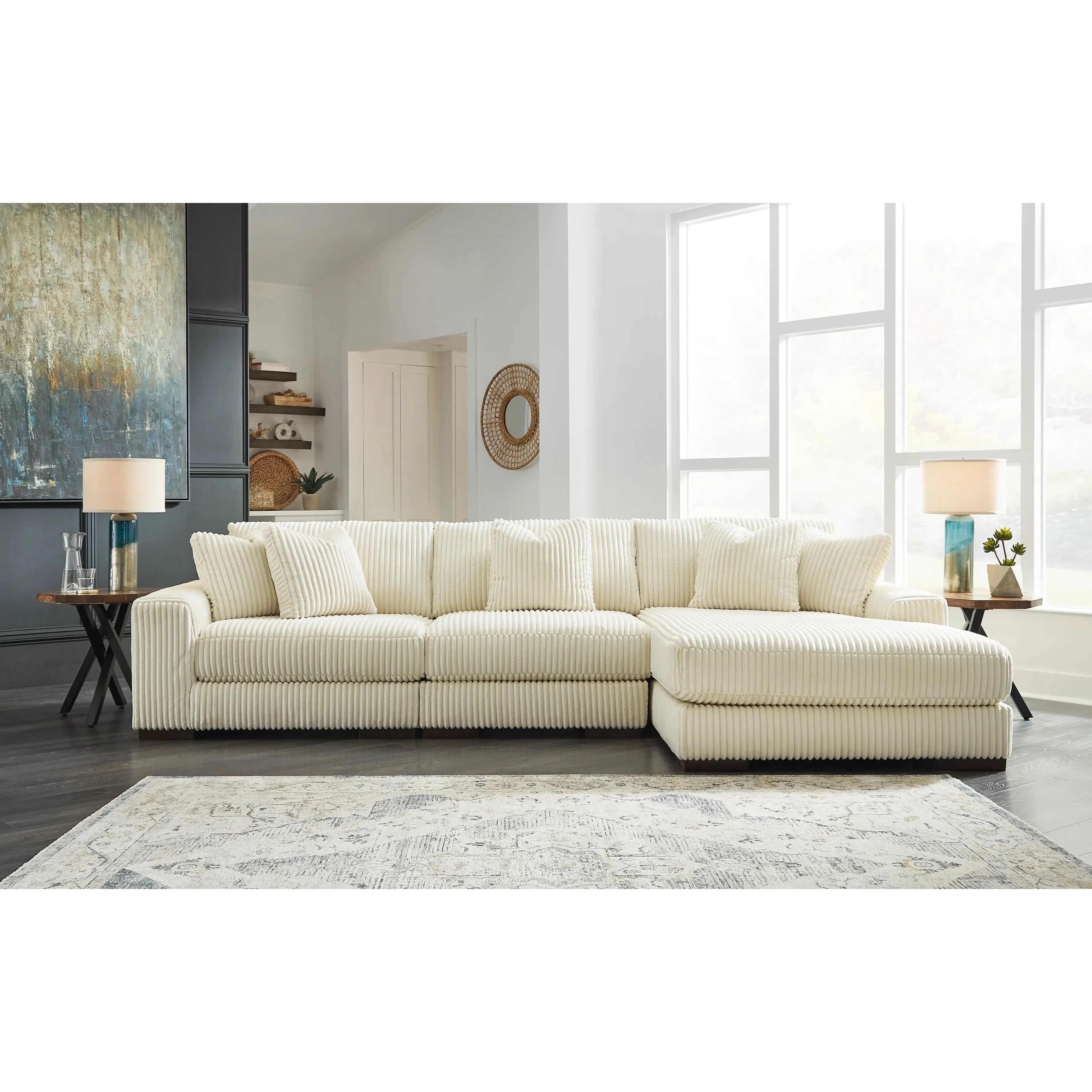 Elegant Ivory Fabric 3-Seater Sectional Sofa with Right-Facing Chaise by Lindyn